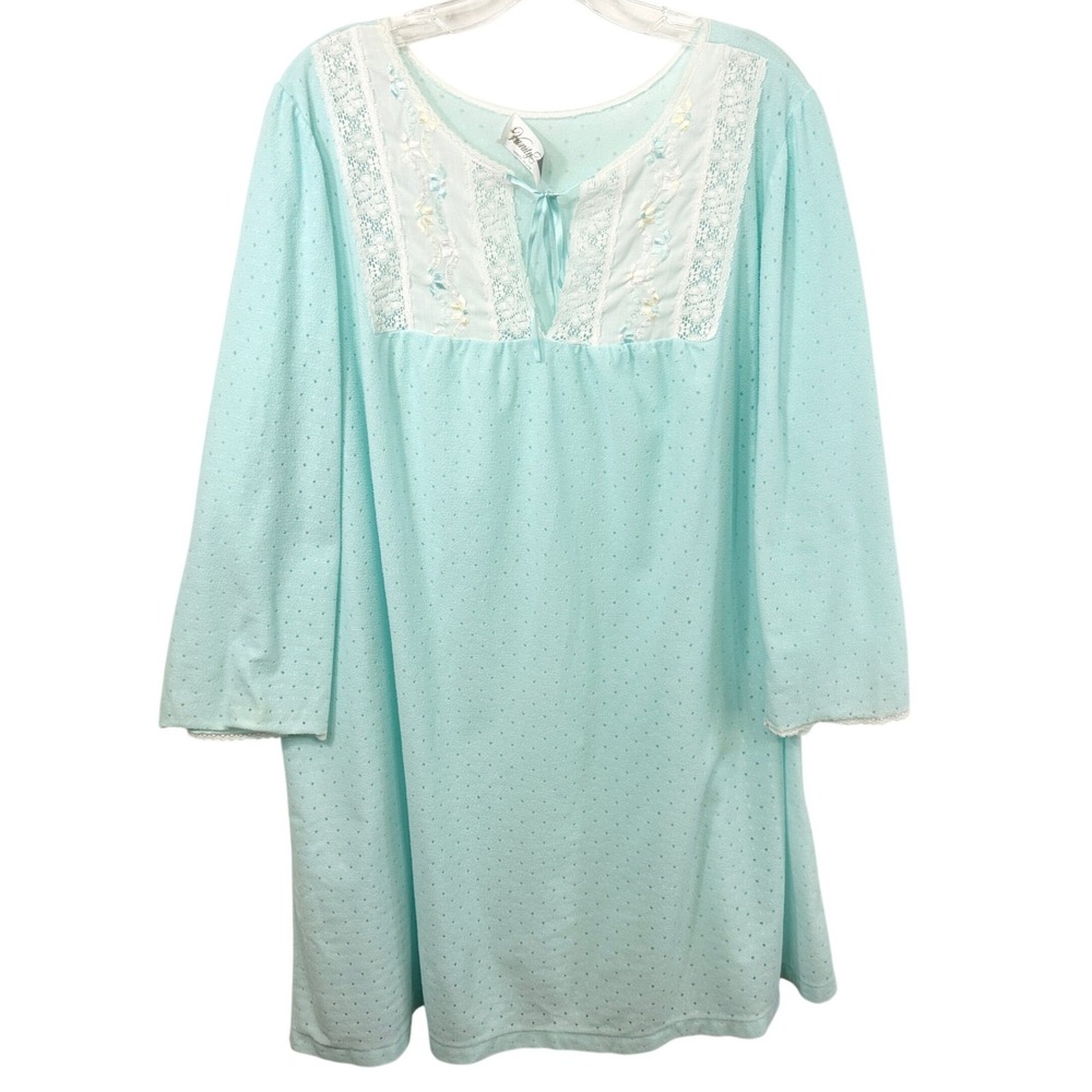 VTG Vanity Fair XL Flannel Nightgown Blue Green Embroidered Cottagecore 1297